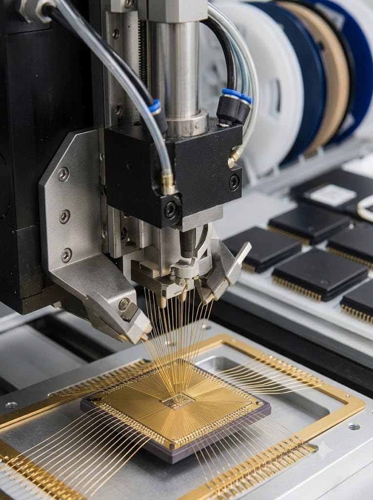 Automated wire bonder op IC-chip – halfgeleiderproductie vereist SEMI F57-conforme UHP-componenten