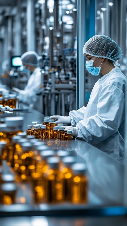 Werknemer werkt aan geautomatiseerde productielijn met medicijnflessen in farmaceutische fabriek